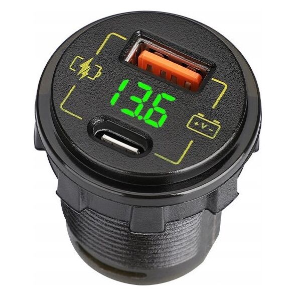 Ładowarka Blow Ładowarka samochodowa montażowa USB+USB-C M18A woltomierz