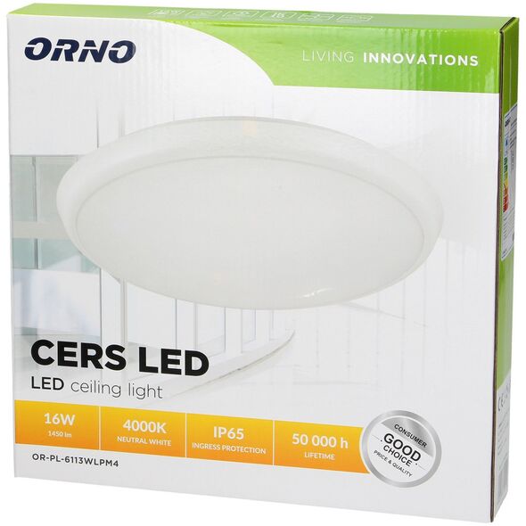 Lampa sufitowa Orno CERS LED 16W, plafon oświetleniowy, 1300lm, IP65, 4000K, poliwęglan mleczny, biały
