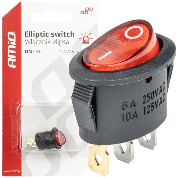 AMiO Włącznik przełącznik czerwonym owalny 12v 230v podświetlany bu01 amio-03612