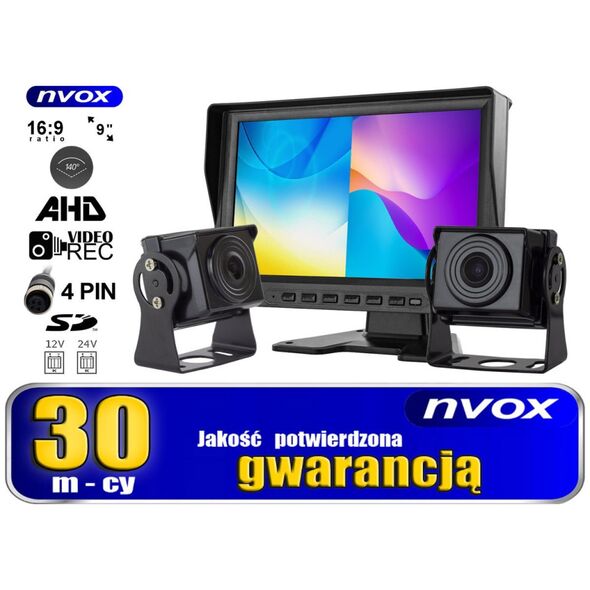 Nvox Monitor samochodowy lcd 9cali ahd 4pin z funkcją rejestratora 12v 24v oraz 2 kamery ahd