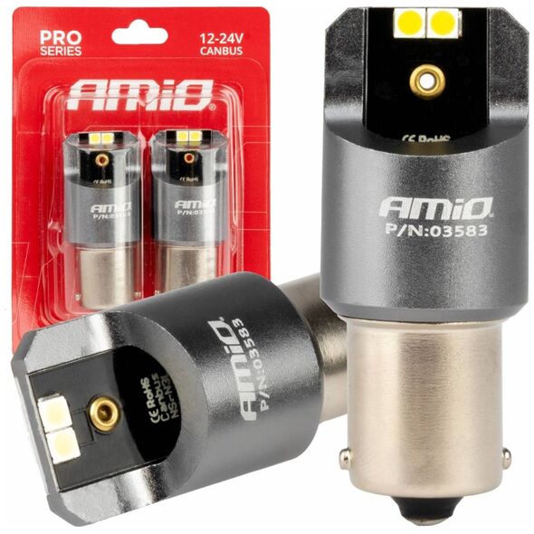 AMiO Żarówki led canbus seria pro ba15s p21w 4x3030 smd białe 12v 24v amio-03583