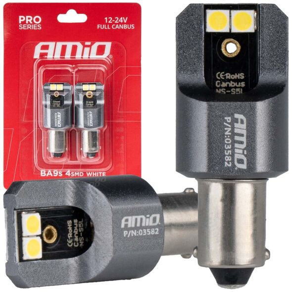 AMiO Żarówki led full canbus pro t4w ba9s 4x3030 smd white 12v 24v amio-03582