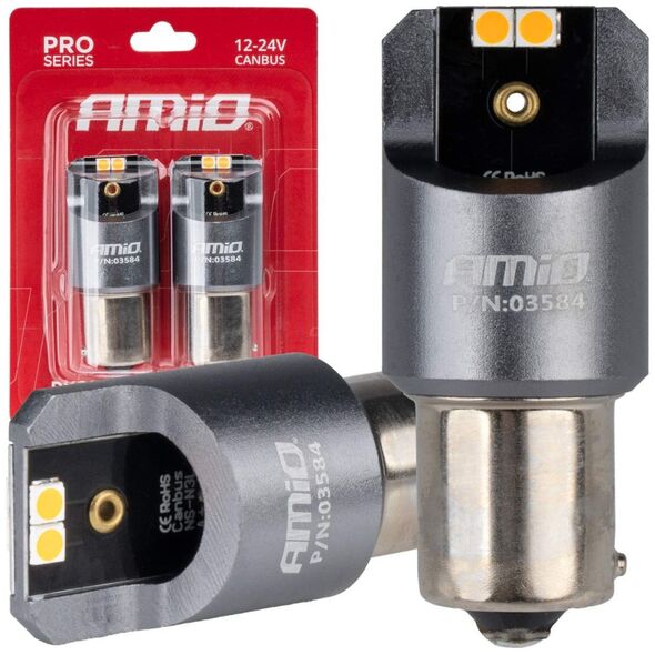AMiO Żarówki led full canbus pro py21w 4x3030 smd pomarańczowe 12v 24v amio-03584