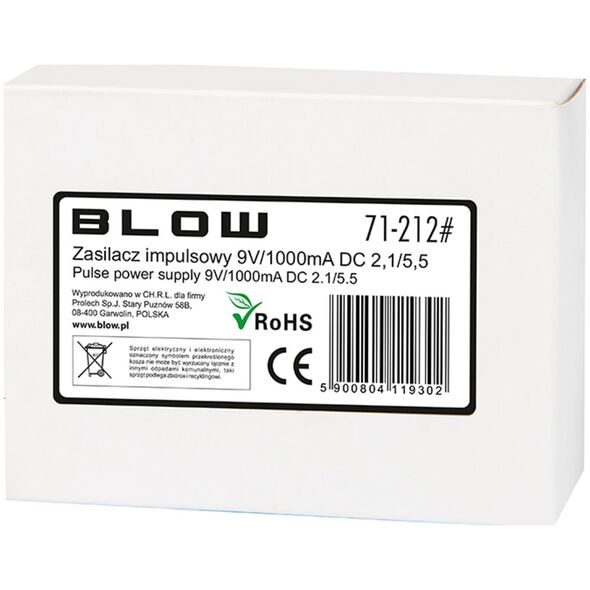 Zasilacz serwerowy Blow 71-212# Zasilacz impulsowy 9v/1000ma 2,1/5,5
