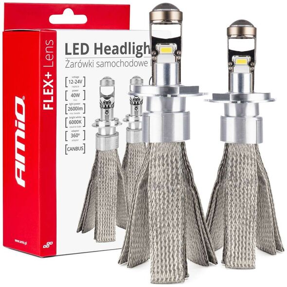AMiO Żarówki samochodowe led seria flex+ h4 soczewka 12v 24v 6000k canbus amio-03658
