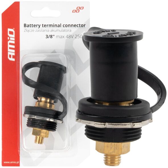 AMiO Złącze zasilania akumulatora czarne minus z zaślepką 3/8 m10 12v 24v 48v 250a amio-03813