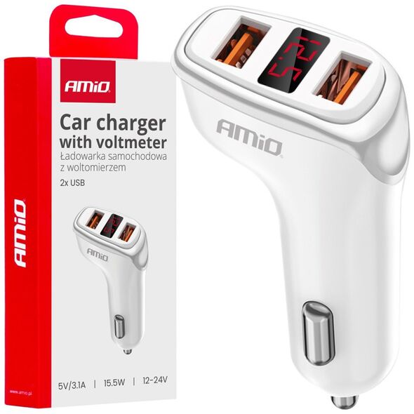 Ładowarka AMiO Ładowarka samochodowa 2x usb-a + woltomierz 3.1a amio-03887