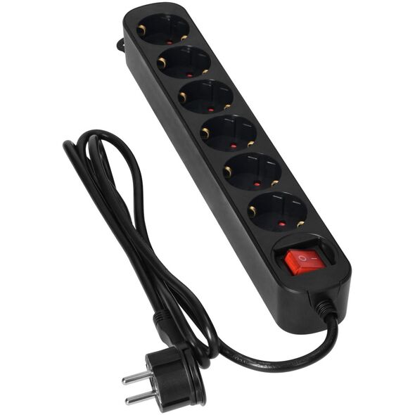 Orno Przedłużacz 6-krotny 2P+Z(Schuko), z wyłącznikiem, 1,5m H05VV-F 3x1,0mm2, Imax=10A, płaska wtyczka, czarny