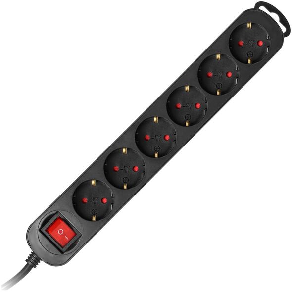 Orno Przedłużacz 6-krotny 2P+Z(Schuko), z wyłącznikiem, 1,5m H05VV-F 3x1,0mm2, Imax=10A, płaska wtyczka, czarny