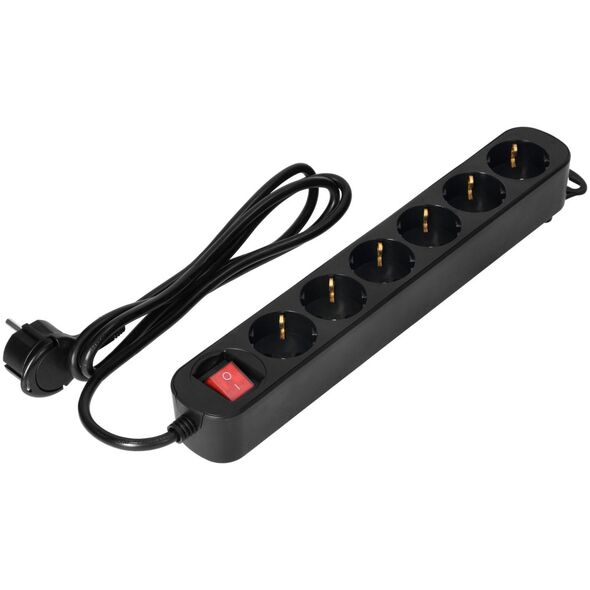 Orno Przedłużacz 6-krotny 2P+Z(Schuko), z wyłącznikiem, 3m H05VV-F 3x1,0mm2, Imax=10A, płaska wtyczka, czarny