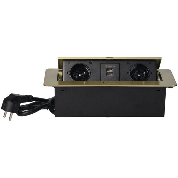 Orno Gniazda meblowe wpuszczane w blat z płaskim frezowanym rantem, ładowarką USB i przewodem 1,5m, 2x2P+Z, 2xUSB, kolor mosiądzu