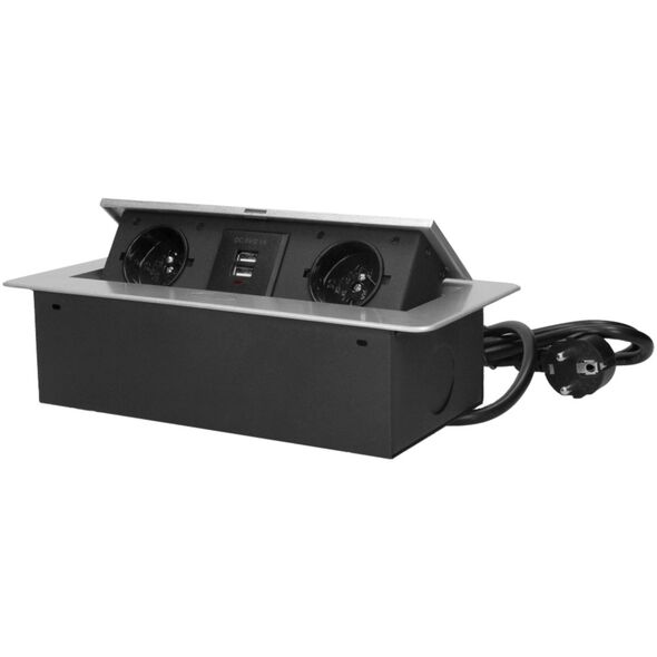 Orno Gniazdo meblowe wpuszczane w blat z płaskim frezowanym rantem, ładowarką USB i przewodem 3m, 2x2P+Z, 2xUSB, srebrne