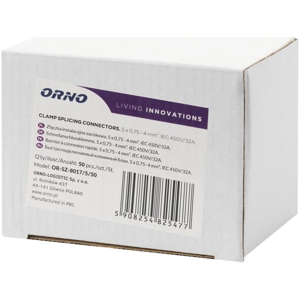 Orno Złączka instalacyjna zaciskowa 5-przewodowa| na dowolny przewód 0,75-4mm?| IEC 450V/32A  50 szt.