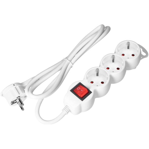 Orno Przedłużacz 3-krotny 2P+Z (Schuko), z wyłącznikiem, 5m H05VV-F 3x1,5mm2, Imax=16A, płaska wtyczka, biały