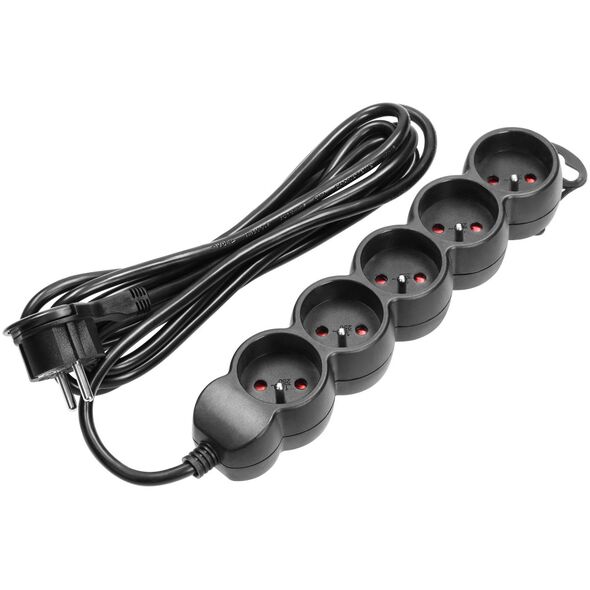 Orno Przedłużacz 5-krotny 2P+Z, 5m H05VV-F 3x1,5mm2, Imax=16A, płaska wtyczka, czarny