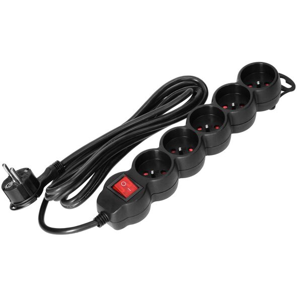 Orno Przedłużacz 5-krotny 2P+Z z wyłącznikiem, 1,5m H05VV-F 3x1,5mm2, Imax=16A, płaska wtyczka, czarny
