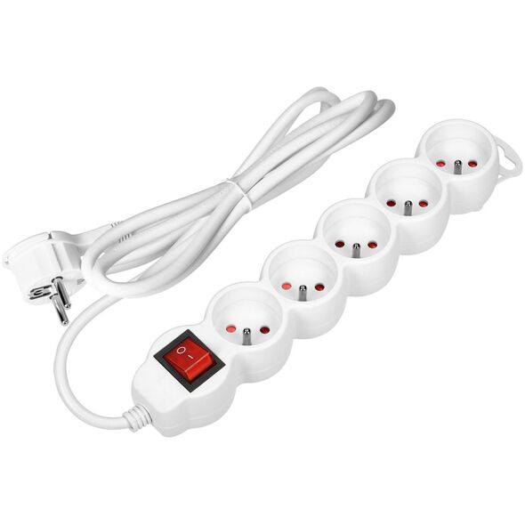 Orno Przedłużacz 5-krotny 2P+Z, z wyłącznikiem, 5m H05VV-F 3x1,5mm2, Imax=16A, płaska wtyczka, biały