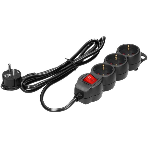 Orno Przedłużacz 3-krotny 2P+Z (Schuko), z wyłącznikiem, 1,5m H05VV-F 3x1,5mm2, Imax=16A, płaska wtyczka, czarny
