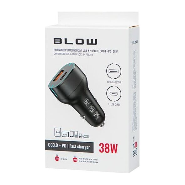 Ładowarka Blow 75-778# Ładowarka samochodowa gn.usb+usb-c 38w g38b