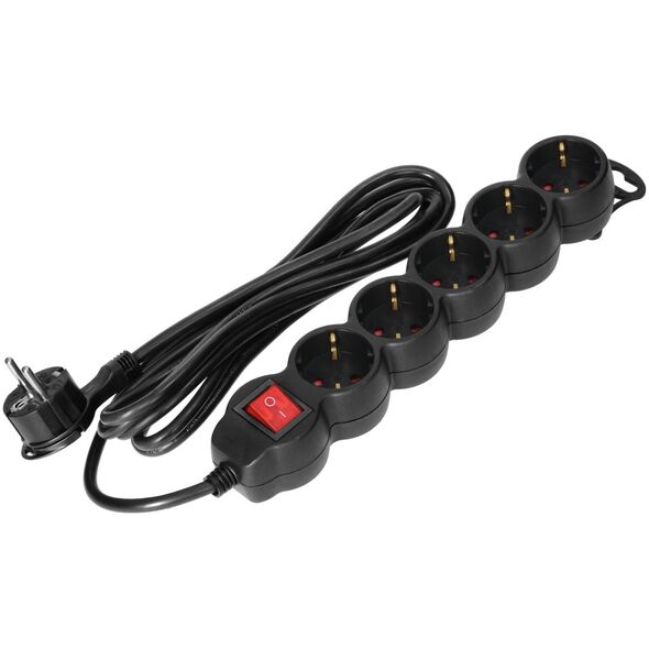 Orno Przedłużacz 5-krotny 2P+Z (Schuko) z wyłącznikiem, 1,5m H05VV-F 3x1,5mm2, Imax=16A, płaska wtyczka, czarny