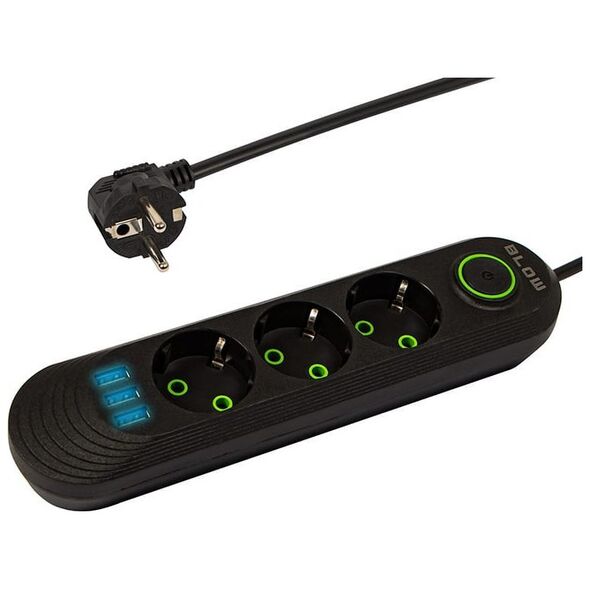 Blow 98-214# Przedłużacz sieciowy ps-330 3-gniazda 3xusb 3m czarny 2x1mm