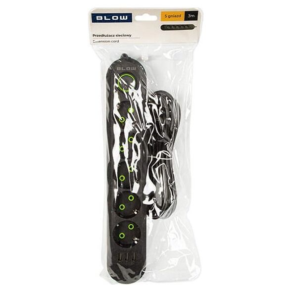 Blow 98-227# Przedłużacz sieciowy ps-530 5-gniazd 3xusb 3m czarny 2x1mm