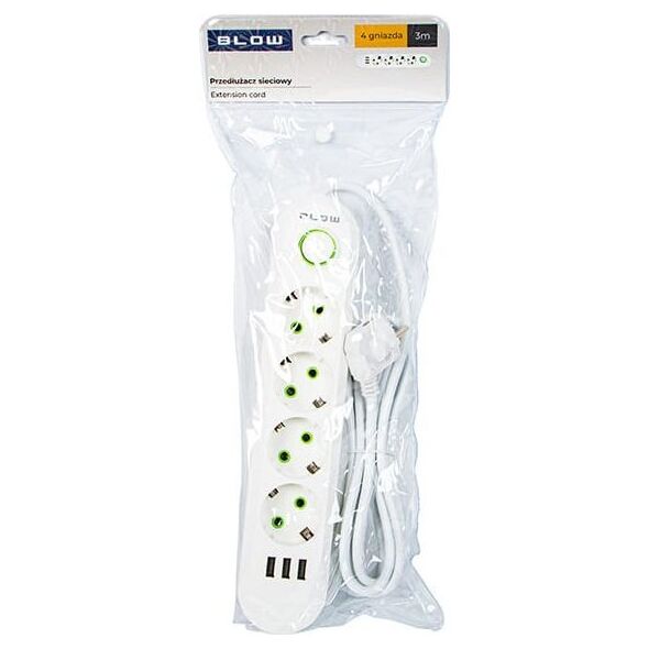 Blow 98-224# Przedłużacz sieciowy ps-430 4-gniazda 3xusb 3m biały 2x1mm