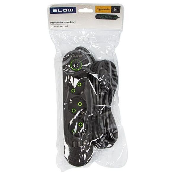 Blow 98-215# Przedłużacz sieciowy ps-350 3-gniazda 3xusb 5m czarny 2x1mm