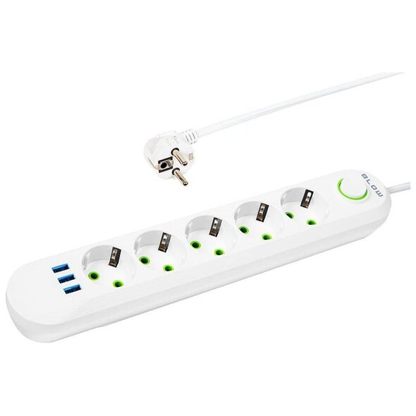 Blow 98-230# Przedłużacz sieciowy ps-530 5-gniazd 3xusb 3m biały 2x1mm