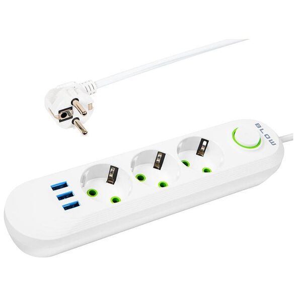 Blow 98-217# Przedłużacz sieciowy ps-330 3-gniazda 3xusb 3m biały 2x1mm