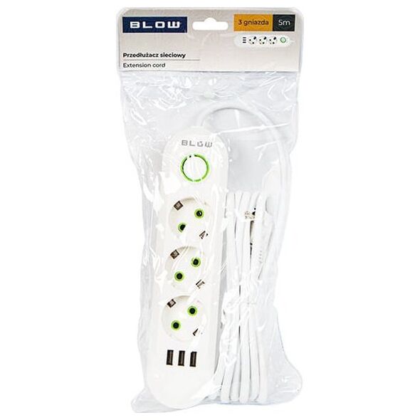 Blow 98-218# Przedłużacz sieciowy ps-350 3-gniazda 3xusb 5m biały 2x1mm
