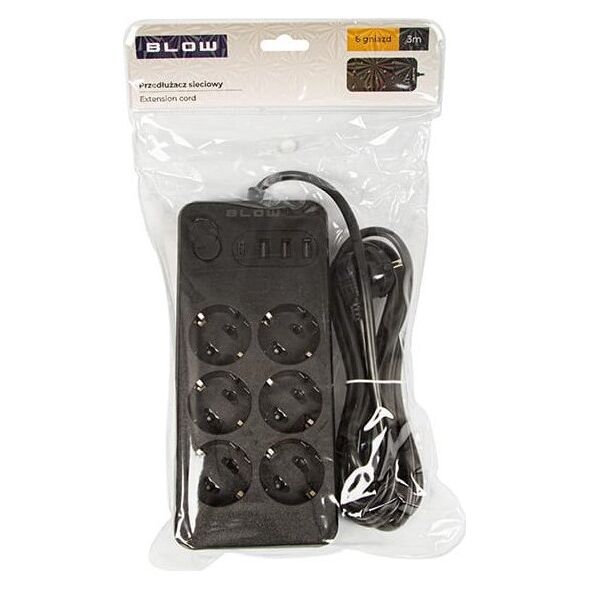 Blow 98-211# Przedłużacz sieciowy ps-630 6-gniazd 3xusb 1xusb-c 3m czarny 2x1mm