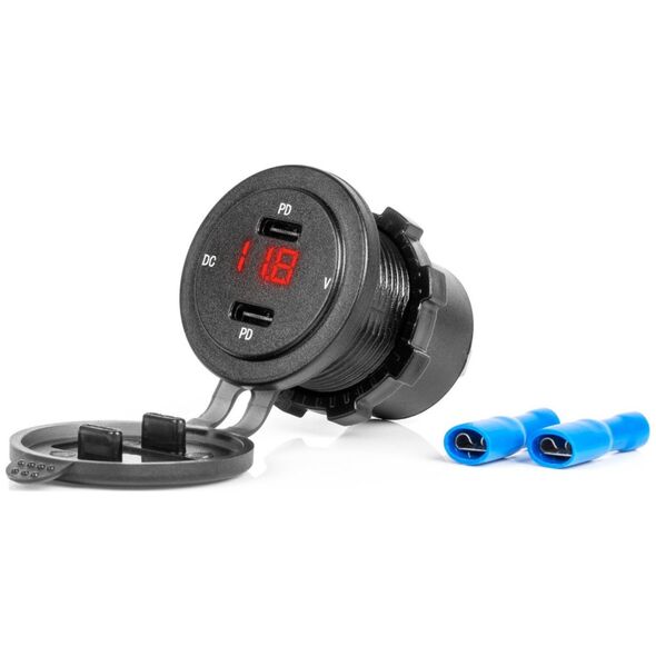 Ładowarka AMiO Ładowarka samochodowa z gniazdami usb i testerem napięcia wodoodporna 2x usb-c 12v 24v amio-04225