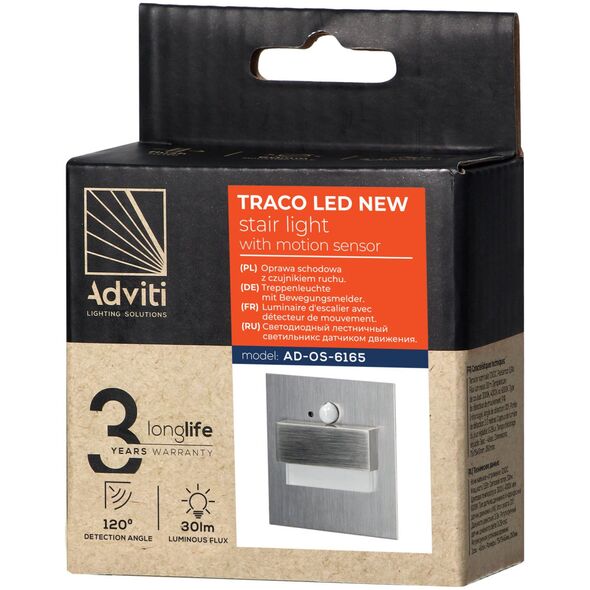 Oprawa schodowa Orno TRACO LED 1,5W, oprawa schodowa podtynkowa, 12VDC, 30lm, 3000K, satyna, czujnik ruchu i zmierzchu