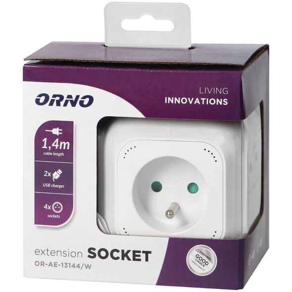 Orno Przedłużacz 4 krotny 2P+Z, ładowarka 2xUSB, 1,4m H05VV-F 3x1mm2, biały
