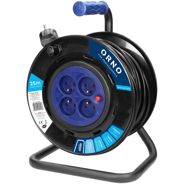 Orno Przedłużacz bębnowy, 4 gniazda 2P+Z, kabel PVC H05VV-F 3x1,5mm?, długość 25m, stałe gniazda, termik, przesłony torów prądowych.