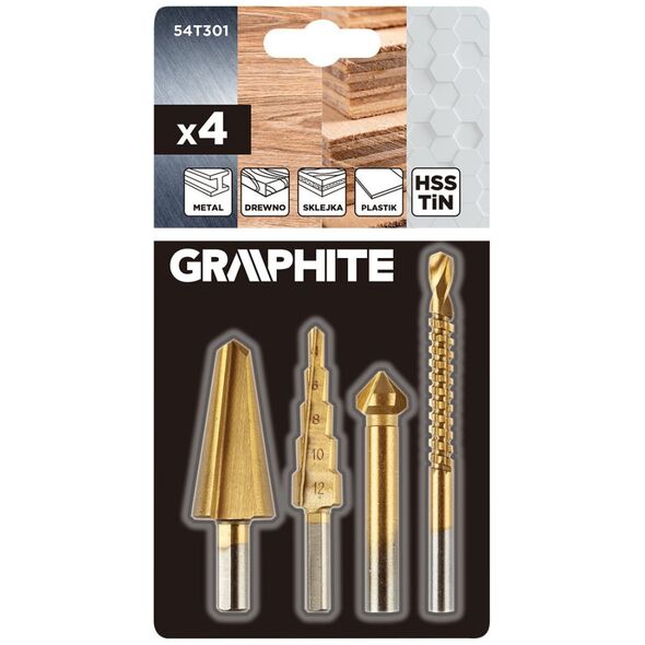 Wiertła stopniowe 4-12 mm, rozwiertak 12,4 mm, frezowiertło 6x90 mm, pogłębiacz stożkowy 8-20 mm,TiN