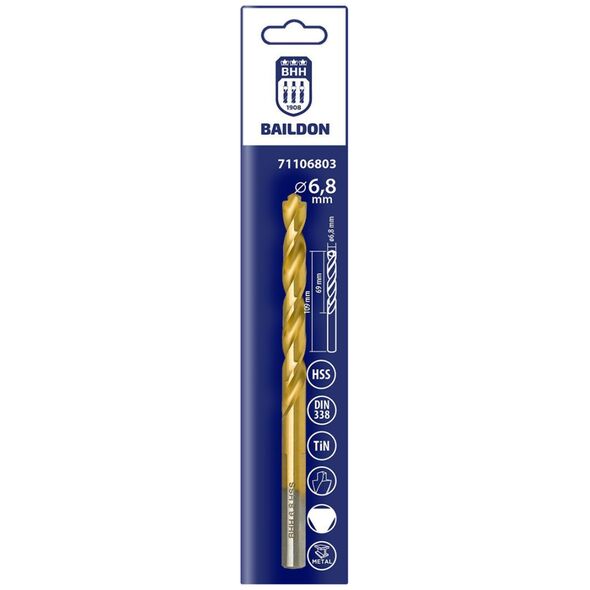 Wiertło do metalu Baildon DIN 338 RN 6,8 mm, HSS TiN (S), 109-69 mm (chwyt 3-płaszczyznowy)
