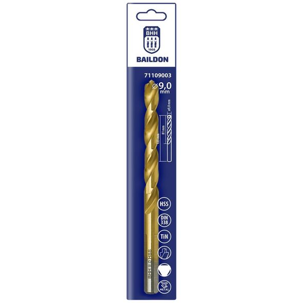 Wiertło do metalu Baildon DIN 338 RN 9 mm, HSS TiN (S), 125-81 mm (chwyt 3-płaszczyznowy)