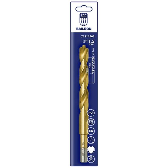 Wiertło do metalu Baildon DIN 338 RN 11,5 mm, HSS TiN (S), 142-94 mm (chwyt 3-płaszczyznowy)