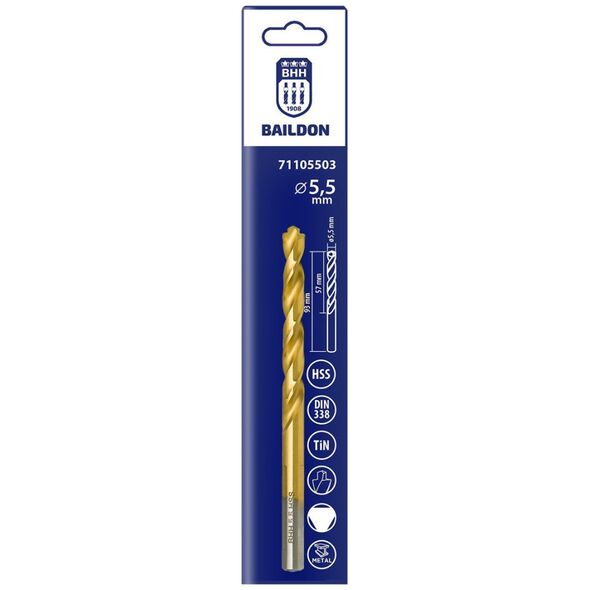 Wiertło do metalu Baildon DIN 338 RN 5,5 mm, HSS TiN (S), 93-57 mm (chwyt 3-płaszczyznowy)