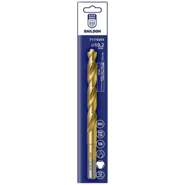 Wiertło do metalu Baildon DIN 338 RN 10,2 mm, HSS TiN (S), 133-87 mm (chwyt 3-płaszczyznowy)