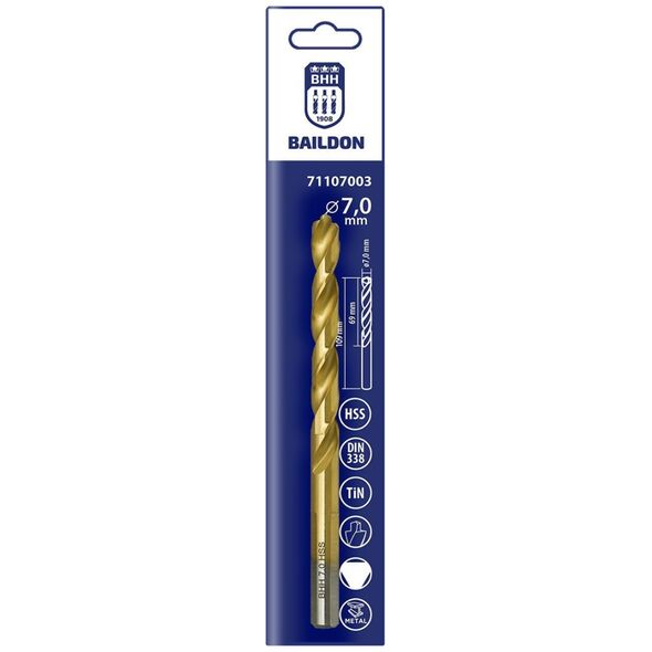 Wiertło do metalu Baildon DIN 338 RN 7 mm, HSS TiN (S), 109-69 mm (chwyt 3-płaszczyznowy)