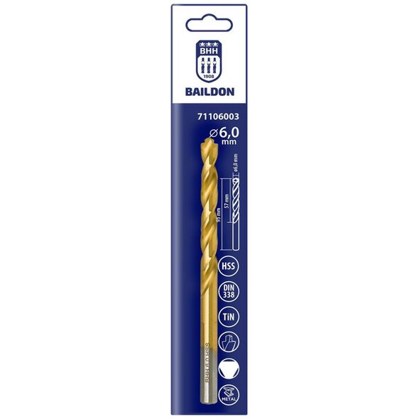 Wiertło do metalu Baildon DIN 338 RN 6 mm, HSS TiN (S), 93-57 mm (chwyt 3-płaszczyznowy)