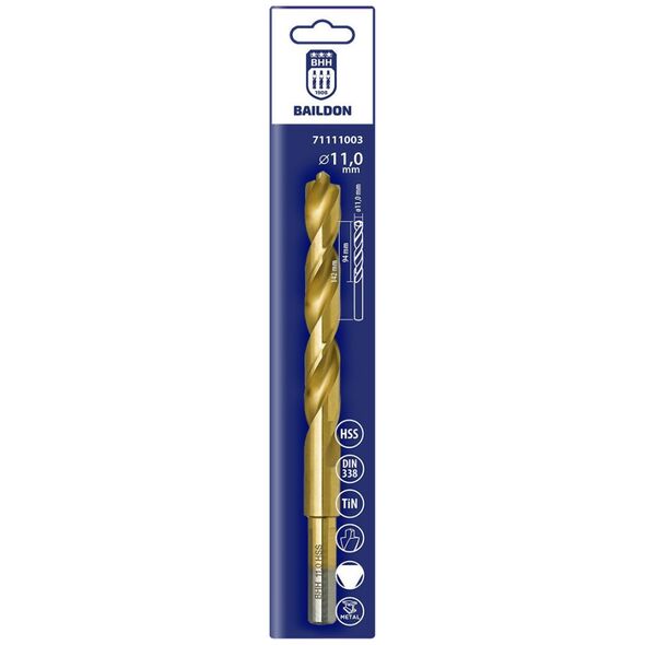 Wiertło do metalu Baildon DIN 338 RN 11 mm, HSS TiN (S), 142-94 mm (chwyt 3-płaszczyznowy)