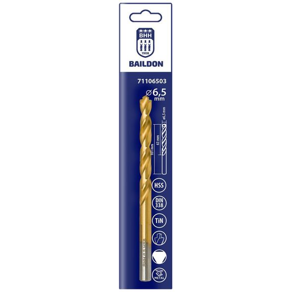 Wiertło do metalu Baildon DIN 338 RN 6,5 mm, HSS TiN (S), 101-63 mm (chwyt 3-płaszczyznowy)