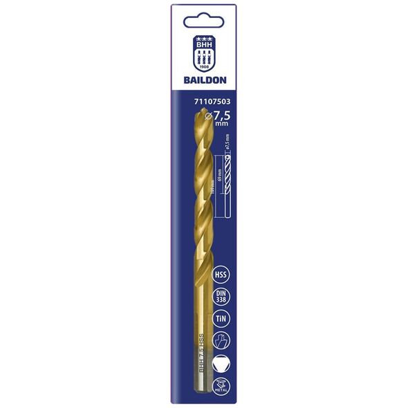 Wiertło do metalu Baildon DIN 338 RN 7,5 mm, HSS TiN (S), 109-69 mm (chwyt 3-płaszczyznowy)