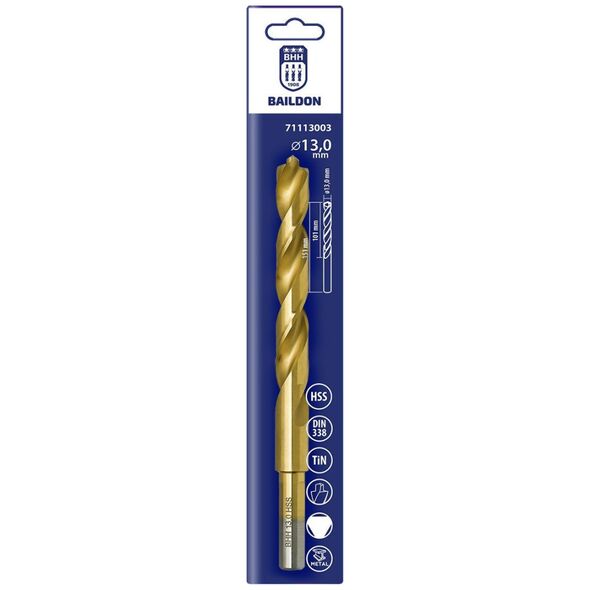 Wiertło do metalu Baildon DIN 338 RN 13 mm, HSS TiN (S), 151-101 mm (chwyt 3-płaszczyznowy)