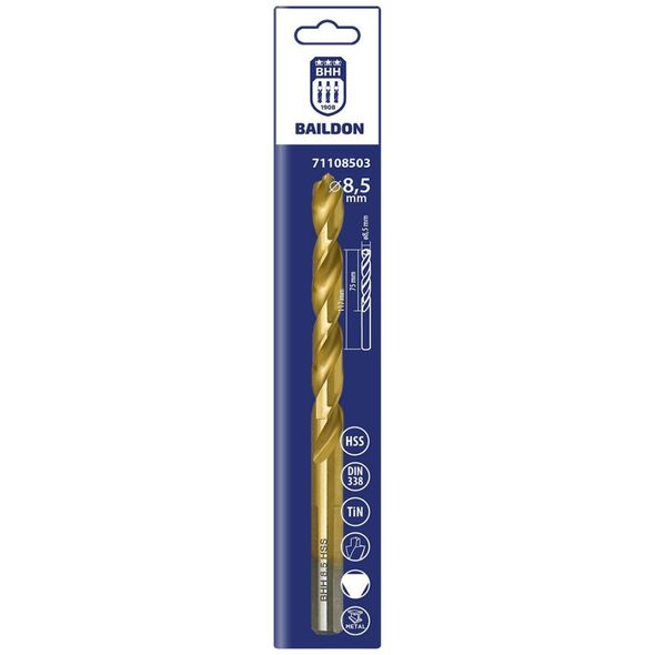 Wiertło do metalu Baildon DIN 338 RN 8,5 mm, HSS TiN (S), 117-75 mm (chwyt 3-płaszczyznowy)