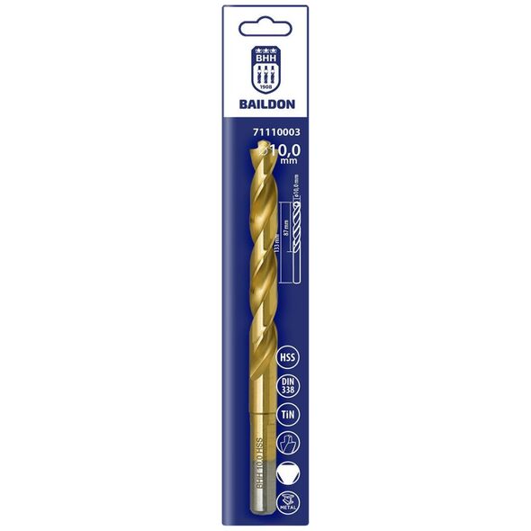 Wiertło do metalu Baildon DIN 338 RN 10 mm, HSS TiN (S), 133-87 mm (chwyt 3-płaszczyznowy)
